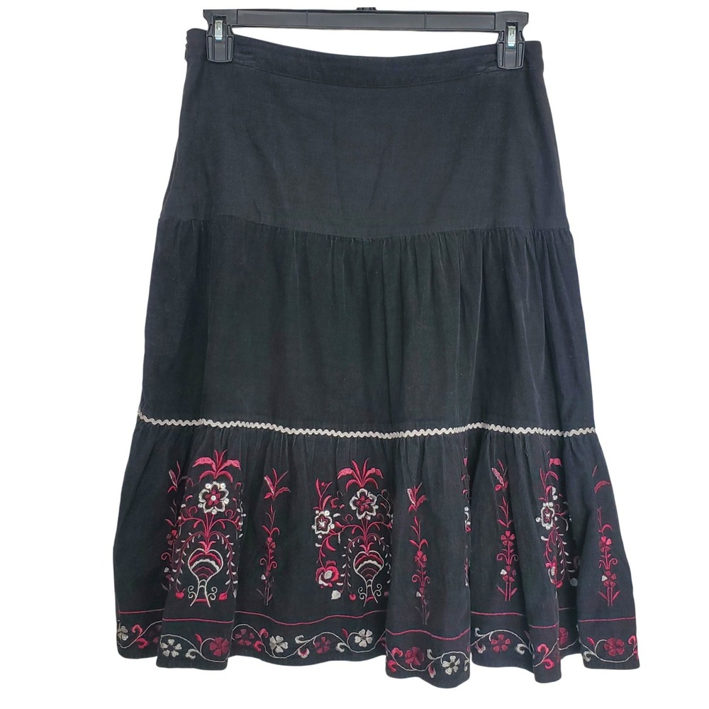 Vtg Gadzooks Y2K Corduroy Tiered Embroidered Midi Skirt Black‎ Floral Sequin Med